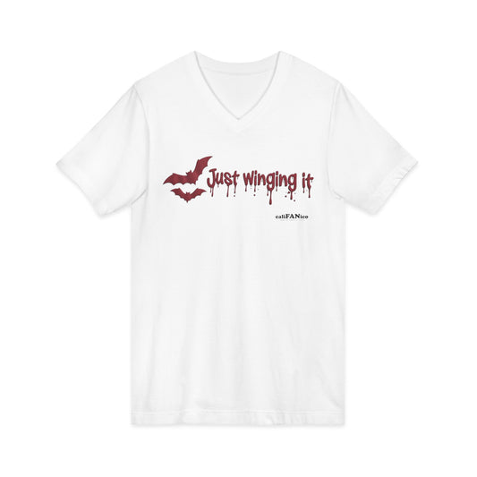 Unisex V-Neck Bat Tee - Spooky Bat Design T-Shirt - Perfect for Halloween, Autumn, Unique Graphic Tee