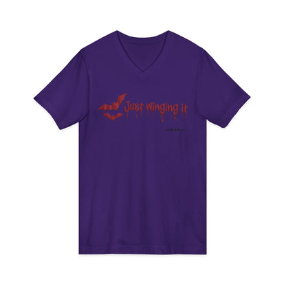 Unisex V-Neck Bat Tee - Spooky Bat Design T-Shirt - Perfect for Halloween, Autumn, Unique Graphic Tee