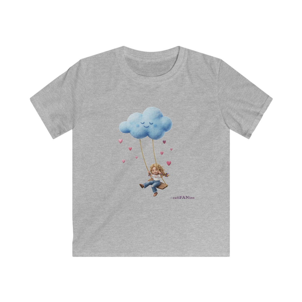 Kids Cloud Swing T‑Shirt — Cute Blond Girl on Cloud Swing, Playful Design