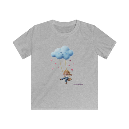 Kids Cloud Swing T‑Shirt — Cute Blond Girl on Cloud Swing, Playful Design