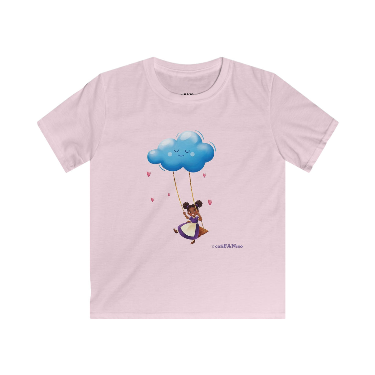 Kids Cloud Swing T‑Shirt — Cute Black Girl on Cloud Swing, Playful Design