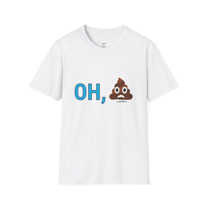 White t-shirt with 'OH, POOP EMOJI' design on a white background