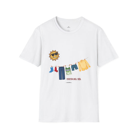 Sunshine Vibes Unisex Soft Style T-Shirt, Clothes drying on a line, Casual Summer Wear, Beach Wear, Vacation Tee, Gift for Sun Lovers, Spain, Costa del Sol
