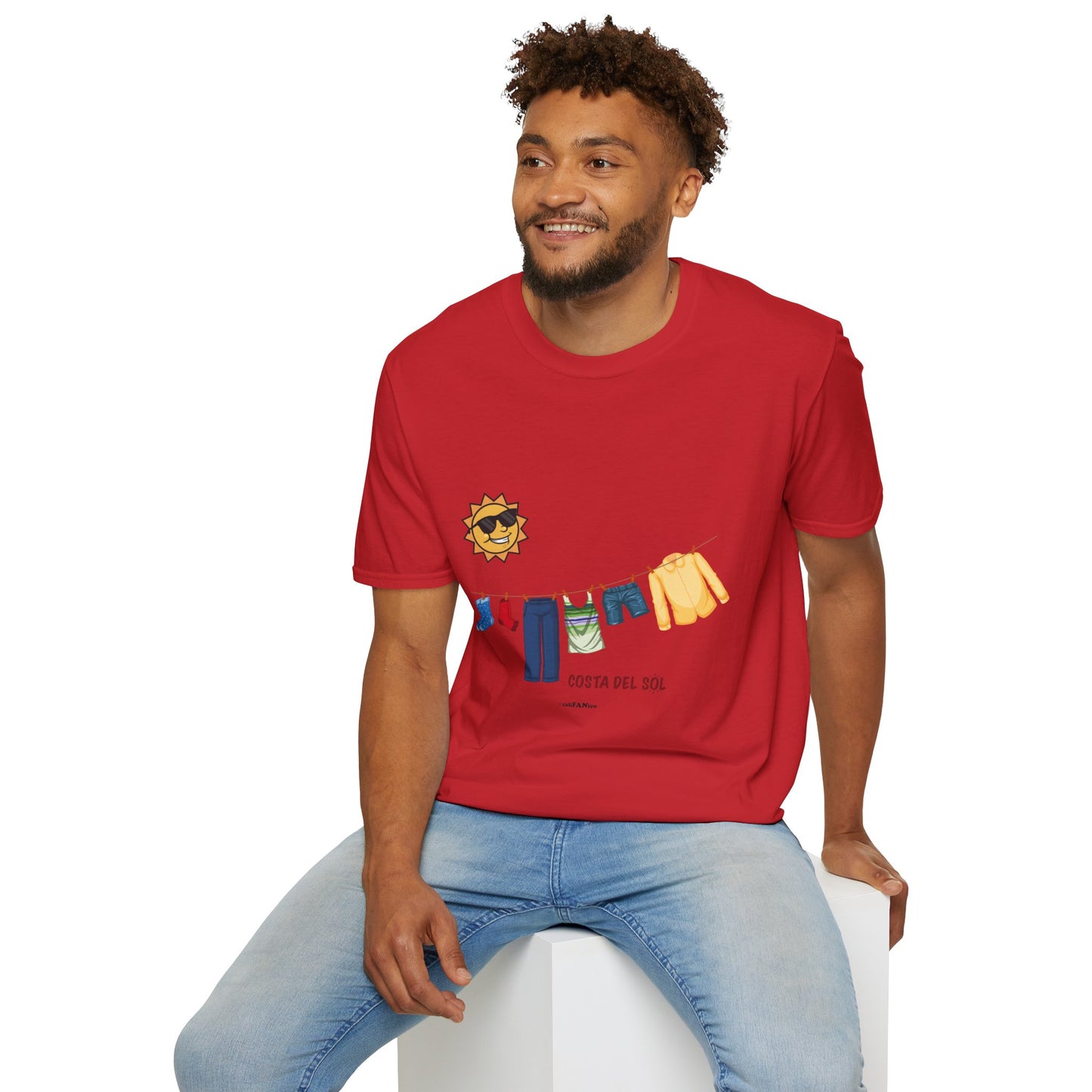Sunshine Vibes Unisex Soft Style T-Shirt, Clothes drying on a line, Casual Summer Wear, Beach Wear, Vacation Tee, Gift for Sun Lovers, Spain, Costa del Sol