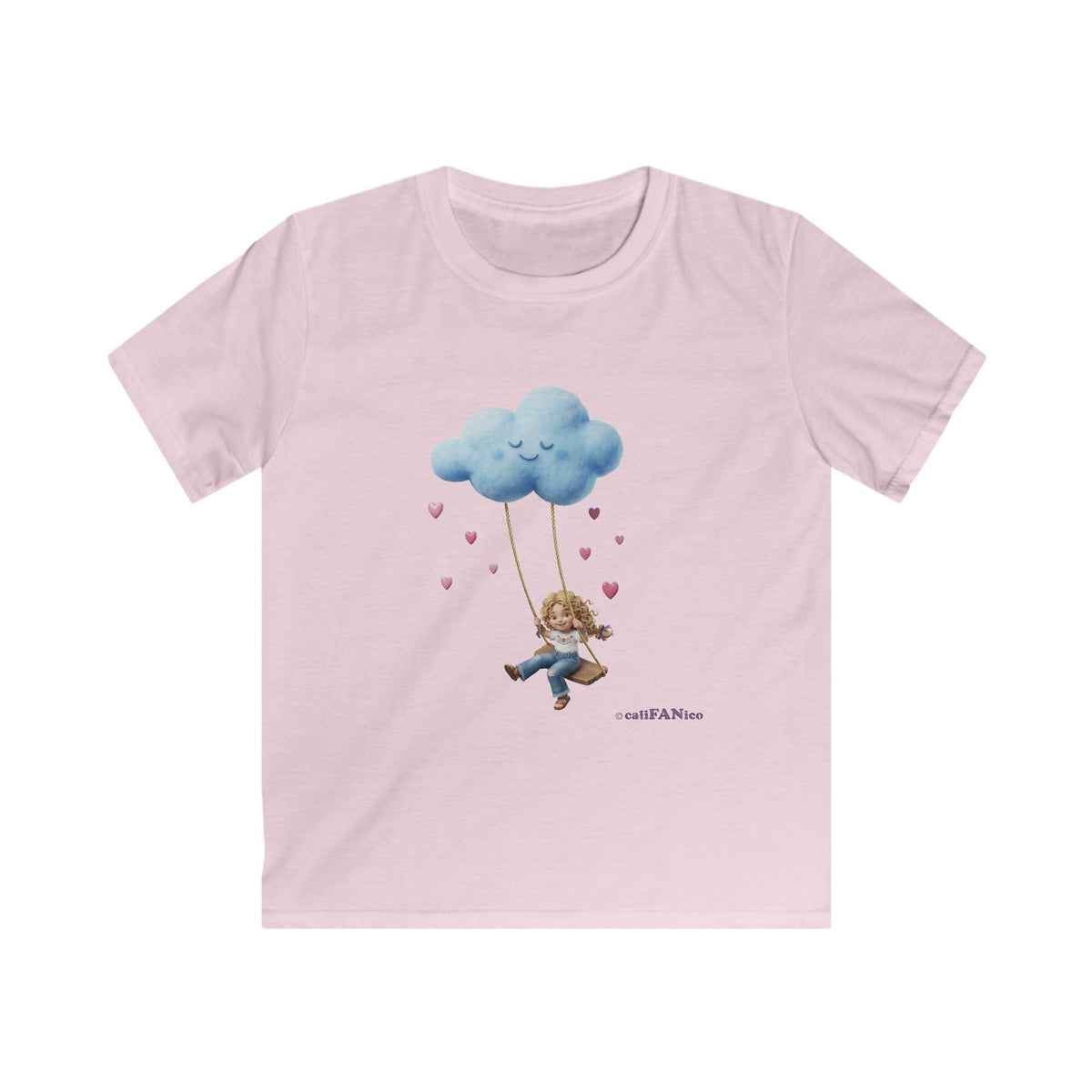 Kids Cloud Swing T‑Shirt — Cute Blond Girl on Cloud Swing, Playful Design