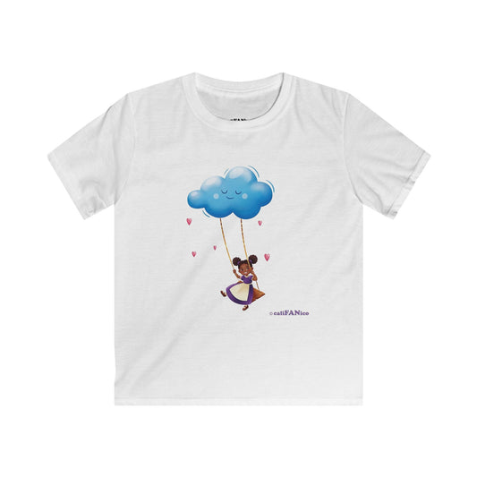 Kids Cloud Swing T‑Shirt — Cute Black Girl on Cloud Swing, Playful Design