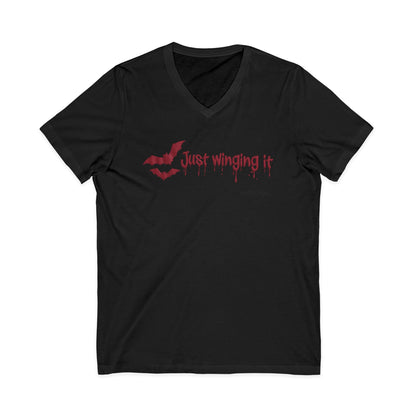 Unisex V-Neck Bat Tee - Spooky Bat Design T-Shirt - Perfect for Halloween, Autumn, Unique Graphic Tee