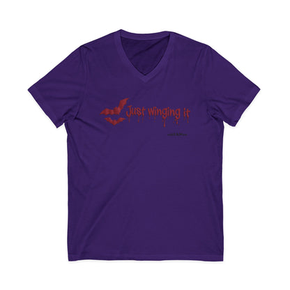 Unisex V-Neck Bat Tee - Spooky Bat Design T-Shirt - Perfect for Halloween, Autumn, Unique Graphic Tee