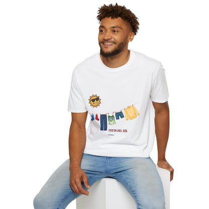 Sunshine Vibes Unisex Soft Style T-Shirt, Clothes drying on a line, Casual Summer Wear, Beach Wear, Vacation Tee, Gift for Sun Lovers, Spain, Costa del Sol