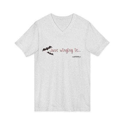 Unisex V-Neck Bat Tee - Spooky Bat Design T-Shirt - Perfect for Halloween, Autumn, Unique Graphic Tee