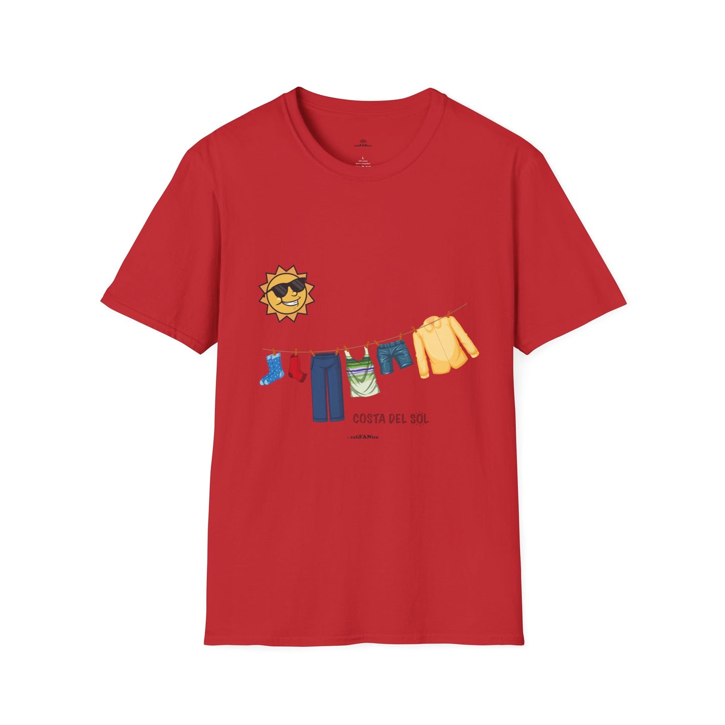 Sunshine Vibes Unisex Soft Style T-Shirt, Clothes drying on a line, Casual Summer Wear, Beach Wear, Vacation Tee, Gift for Sun Lovers, Spain, Costa del Sol