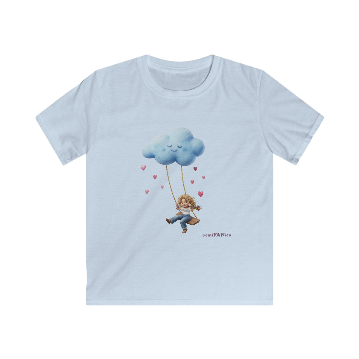 Kids Cloud Swing T‑Shirt — Cute Blond Girl on Cloud Swing, Playful Design