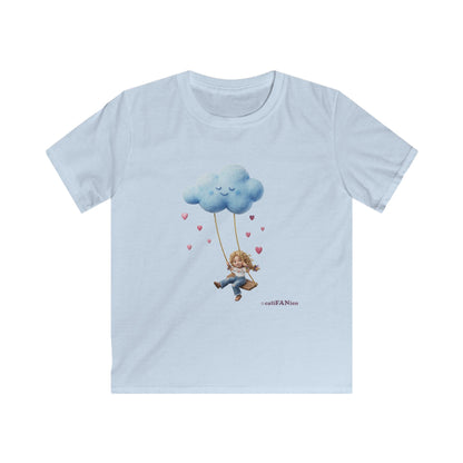 Kids Cloud Swing T‑Shirt — Cute Blond Girl on Cloud Swing, Playful Design