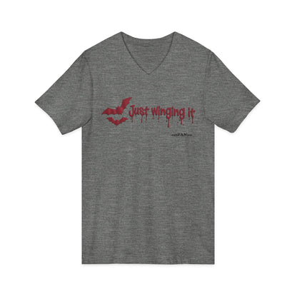 Unisex V-Neck Bat Tee - Spooky Bat Design T-Shirt - Perfect for Halloween, Autumn, Unique Graphic Tee