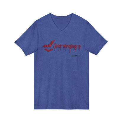 Unisex V-Neck Bat Tee - Spooky Bat Design T-Shirt - Perfect for Halloween, Autumn, Unique Graphic Tee