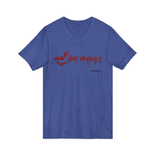 Unisex V-Neck Bat Tee - Spooky Bat Design T-Shirt - Perfect for Halloween, Autumn, Unique Graphic Tee