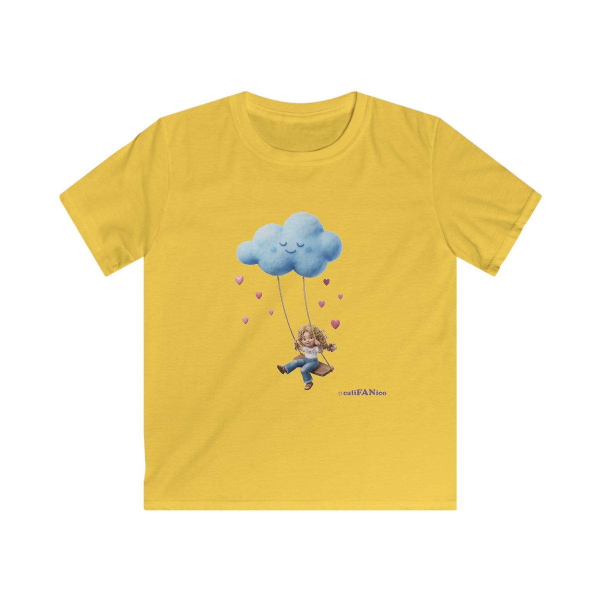 Kids Cloud Swing T‑Shirt — Cute Blond Girl on Cloud Swing, Playful Design