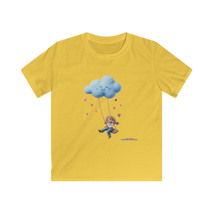 Kids Cloud Swing T‑Shirt — Cute Blond Girl on Cloud Swing, Playful Design