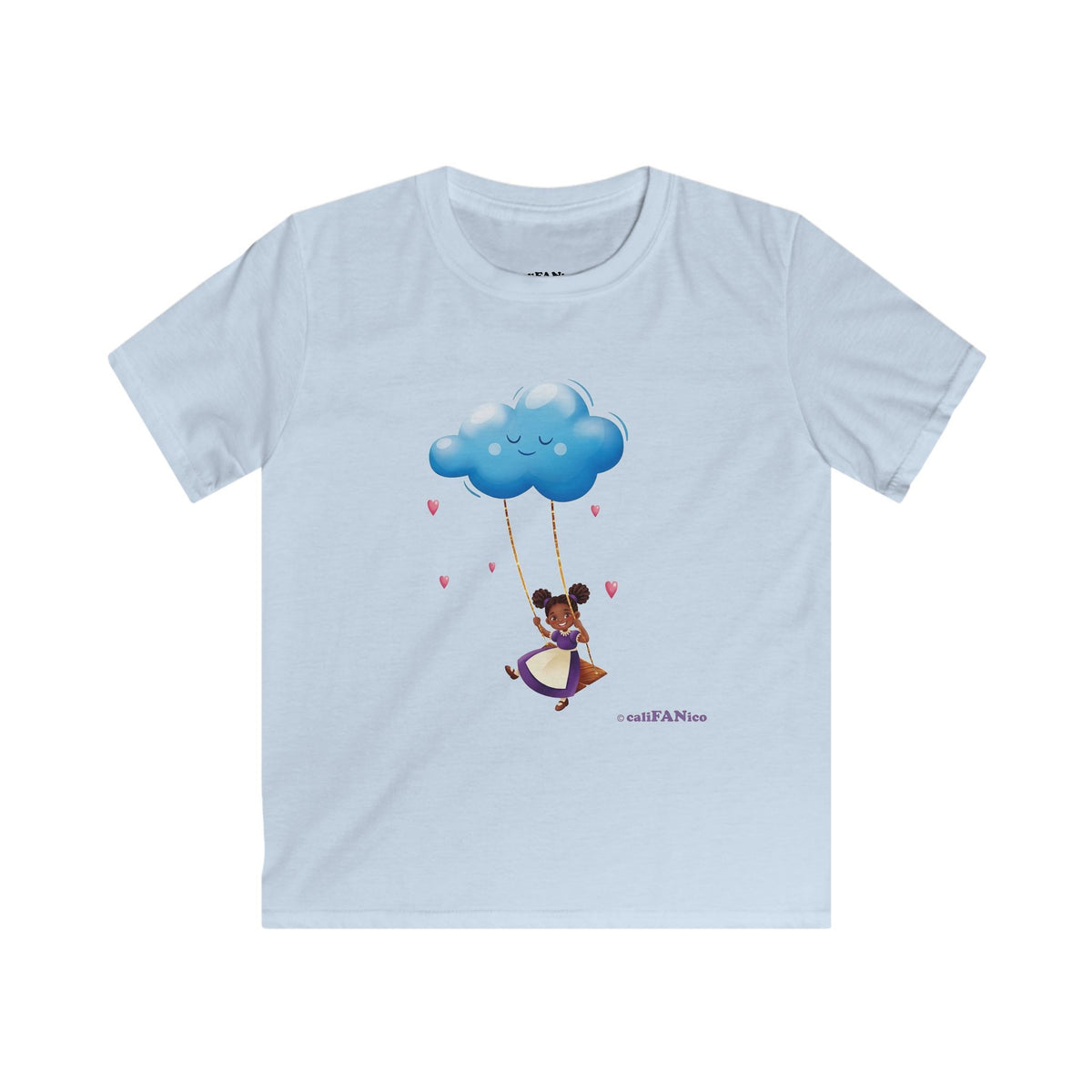 Kids Cloud Swing T‑Shirt — Cute Black Girl on Cloud Swing, Playful Design