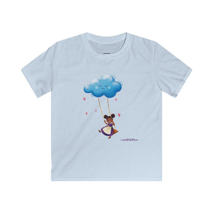 Kids Cloud Swing T‑Shirt — Cute Black Girl on Cloud Swing, Playful Design