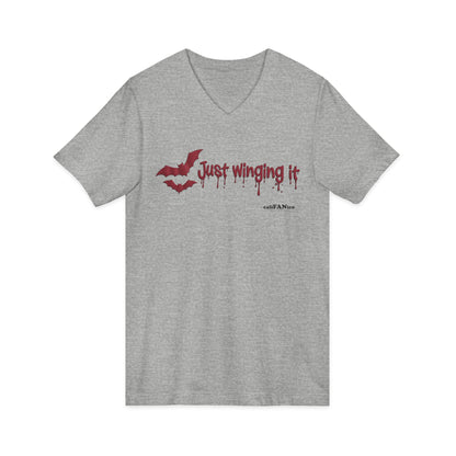 Unisex V-Neck Bat Tee - Spooky Bat Design T-Shirt - Perfect for Halloween, Autumn, Unique Graphic Tee