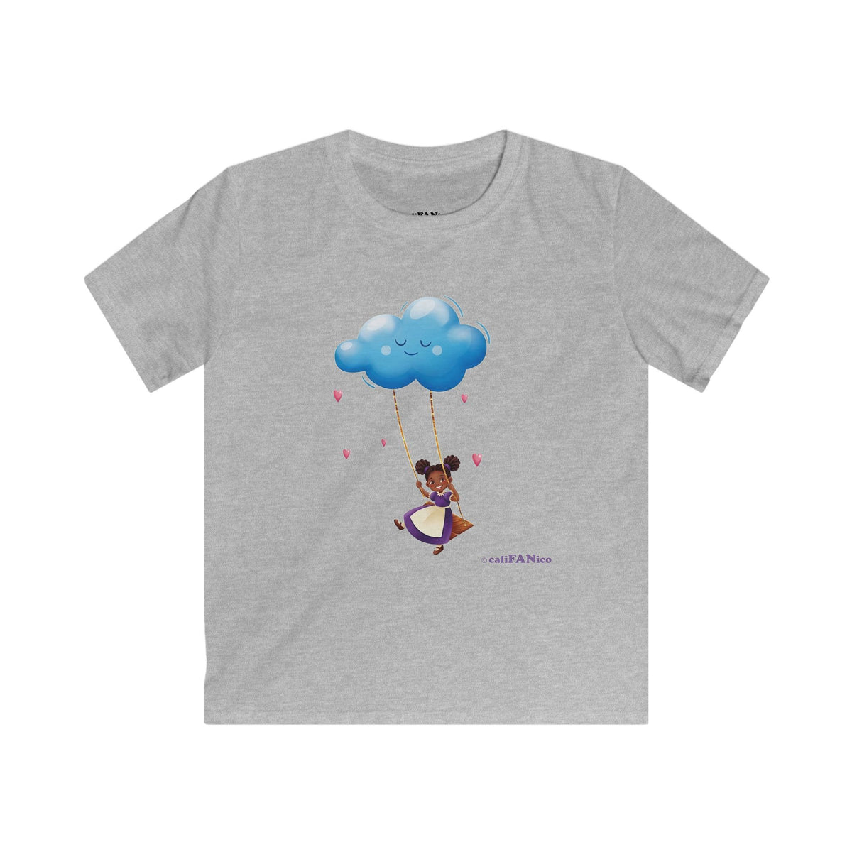 Kids Cloud Swing T‑Shirt — Cute Black Girl on Cloud Swing, Playful Design