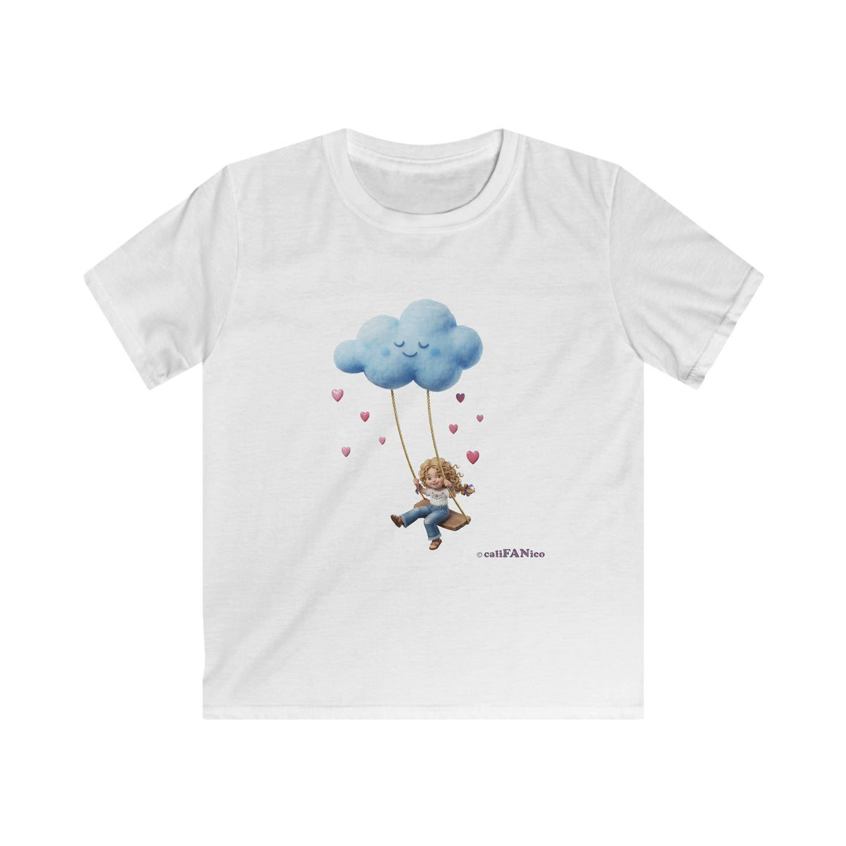 Kids Cloud Swing T‑Shirt — Cute Blond Girl on Cloud Swing, Playful Design