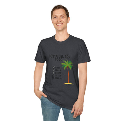 Beach Vibes Shirt, Beach Lovers T-Shirt, Vacation Tee, Summer Wear, Gift for Beach Lovers. Costa del Sol To-Do T-Shirt, Unisex T-Shirt, Soft Style T-Shirt
