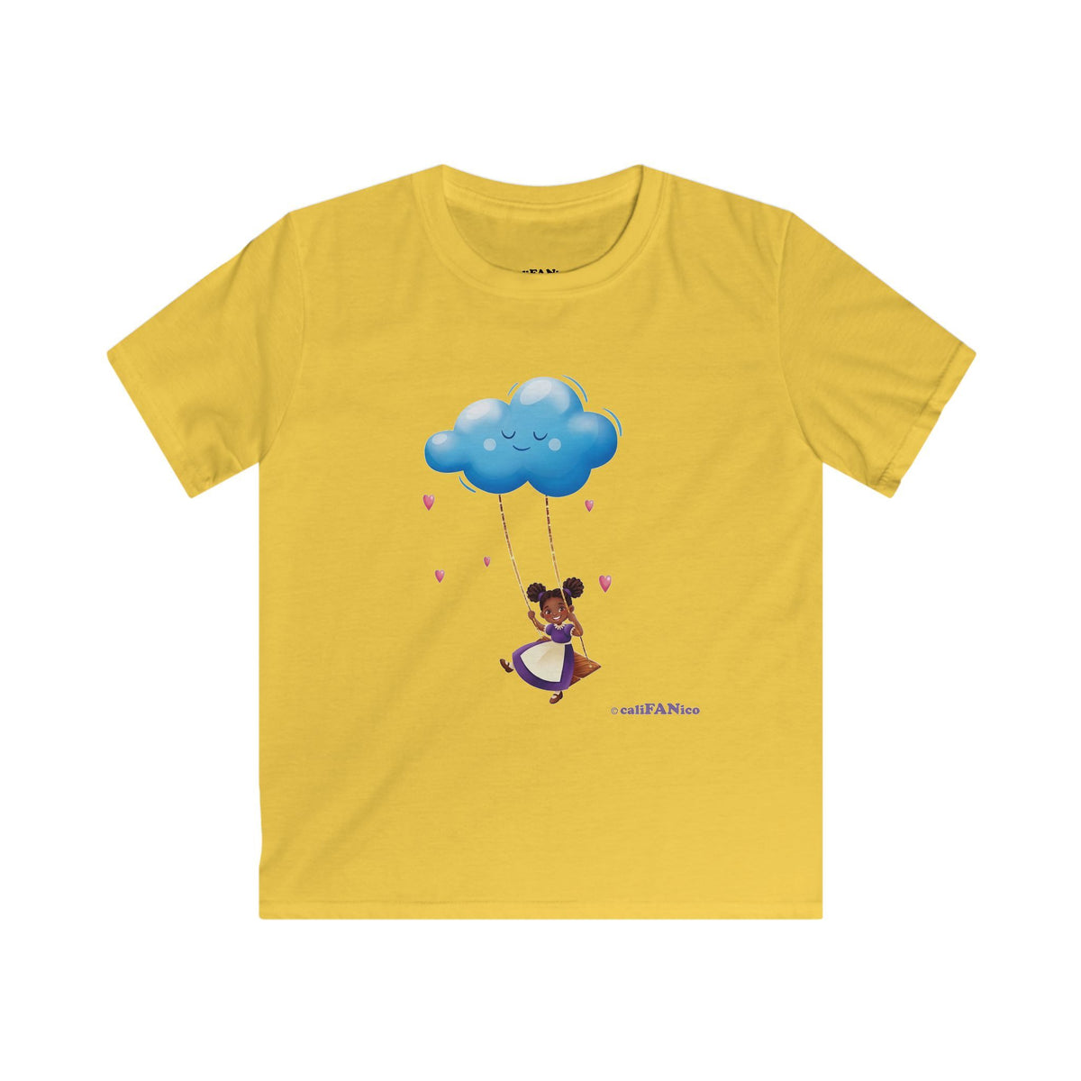 Kids Cloud Swing T‑Shirt — Cute Black Girl on Cloud Swing, Playful Design