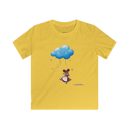 Kids Cloud Swing T‑Shirt — Cute Black Girl on Cloud Swing, Playful Design