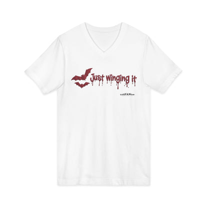 Unisex V-Neck Bat Tee - Spooky Bat Design T-Shirt - Perfect for Halloween, Autumn, Unique Graphic Tee