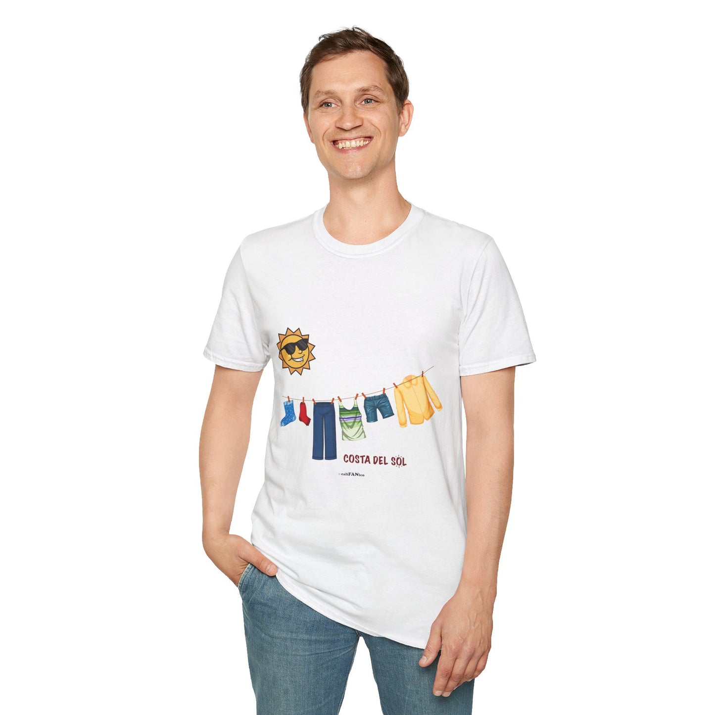 Sunshine Vibes Unisex Soft Style T-Shirt, Clothes drying on a line, Casual Summer Wear, Beach Wear, Vacation Tee, Gift for Sun Lovers, Spain, Costa del Sol