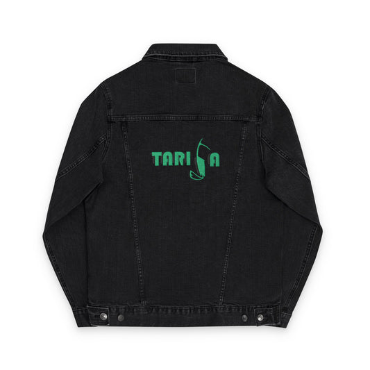 A+ Embroidered Unisex Denim Jacket | Tarifa Surf Theme, Casual Outerwear, Surfer Wardrobe Essential